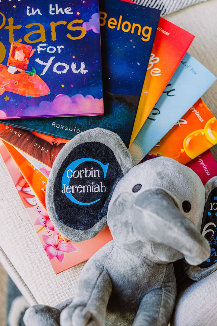 Personalized birth announcement plush toy and hardcover picture books laying on the seat of a chair. Customize book boxes for your baby's first year.